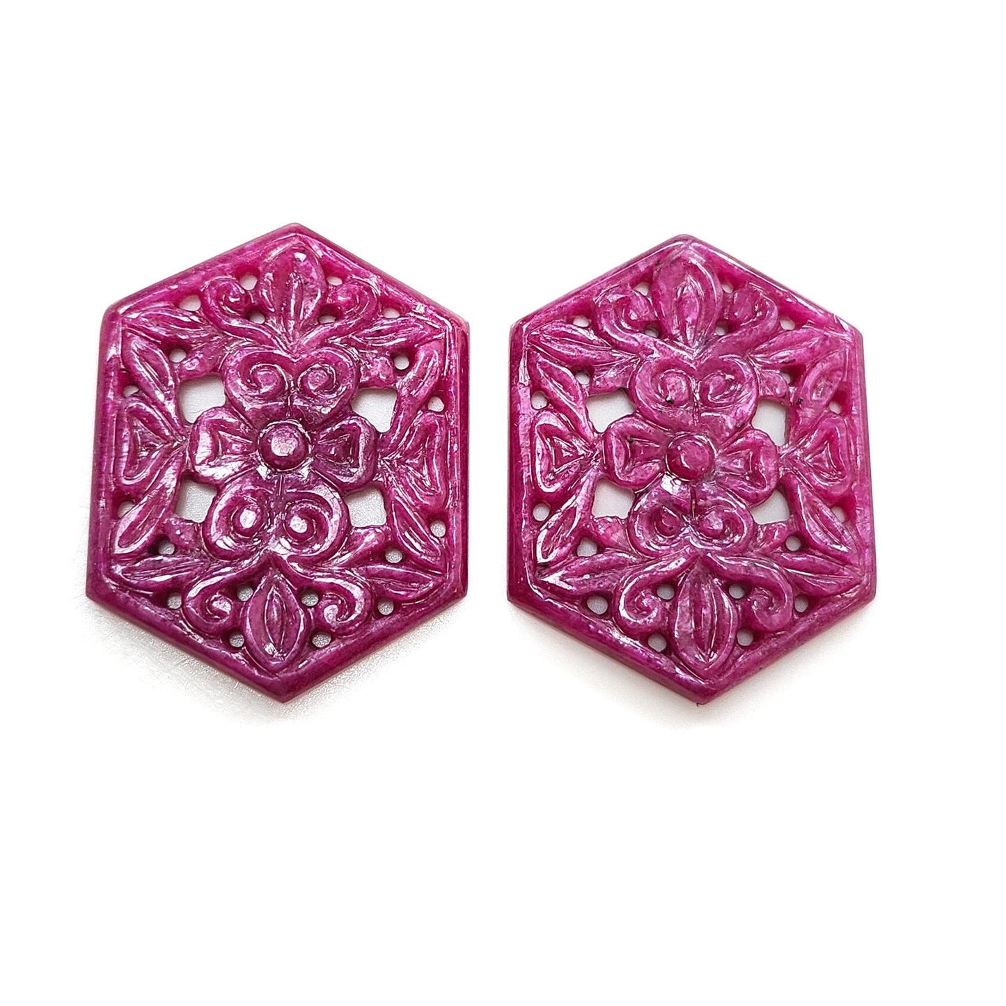 Ruby Gemstone Carving : 72.30cts Natural Untreated Unheated Red Ruby Hand Carved Hexagon Shape 36*27.5mm Pair