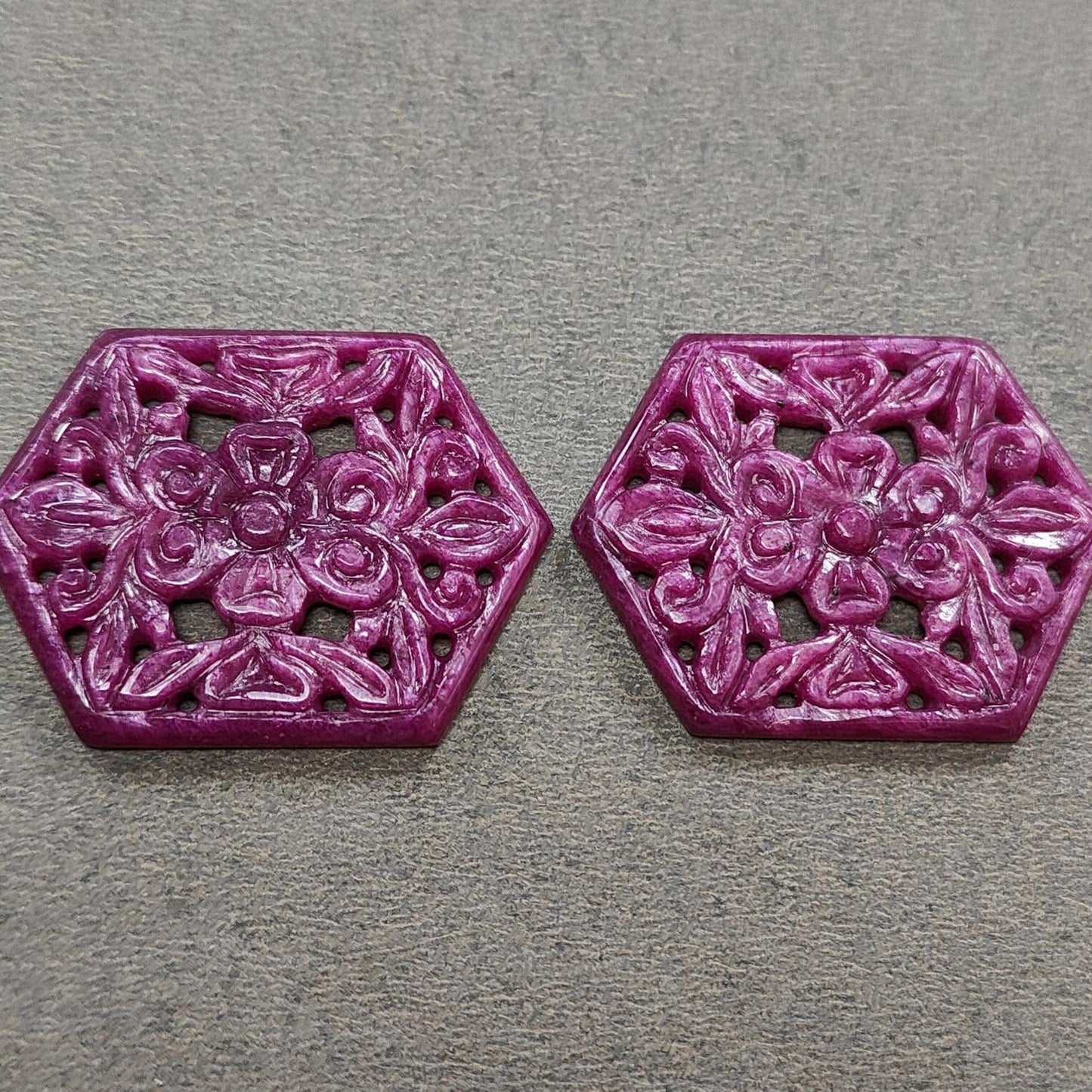 Ruby Gemstone Carving : 72.30cts Natural Untreated Unheated Red Ruby Hand Carved Hexagon Shape 36*27.5mm Pair