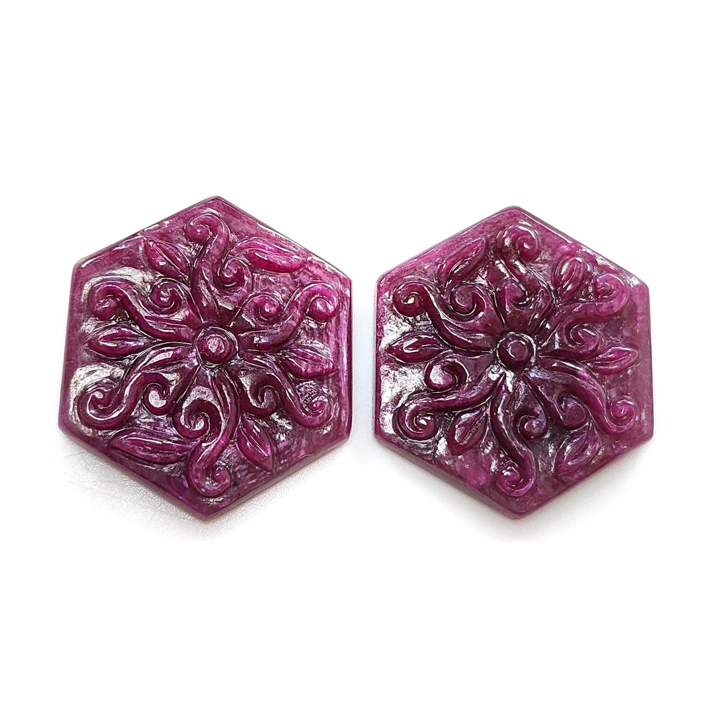 Ruby Gemstone Carving : 76.30cts Natural Untreated Unheated Red Ruby Hand Carved Hexagon Shape 29*25.5mm Pair