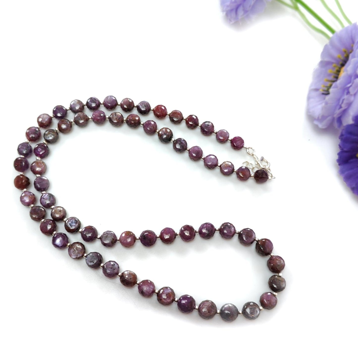 Raspberry Sheen Purple Pink Sapphire Gemstone Beads Necklace: 29.17gms (apx) Natural Sapphire Round Shape Side Faceted Necklace 6mm-7mm 20"