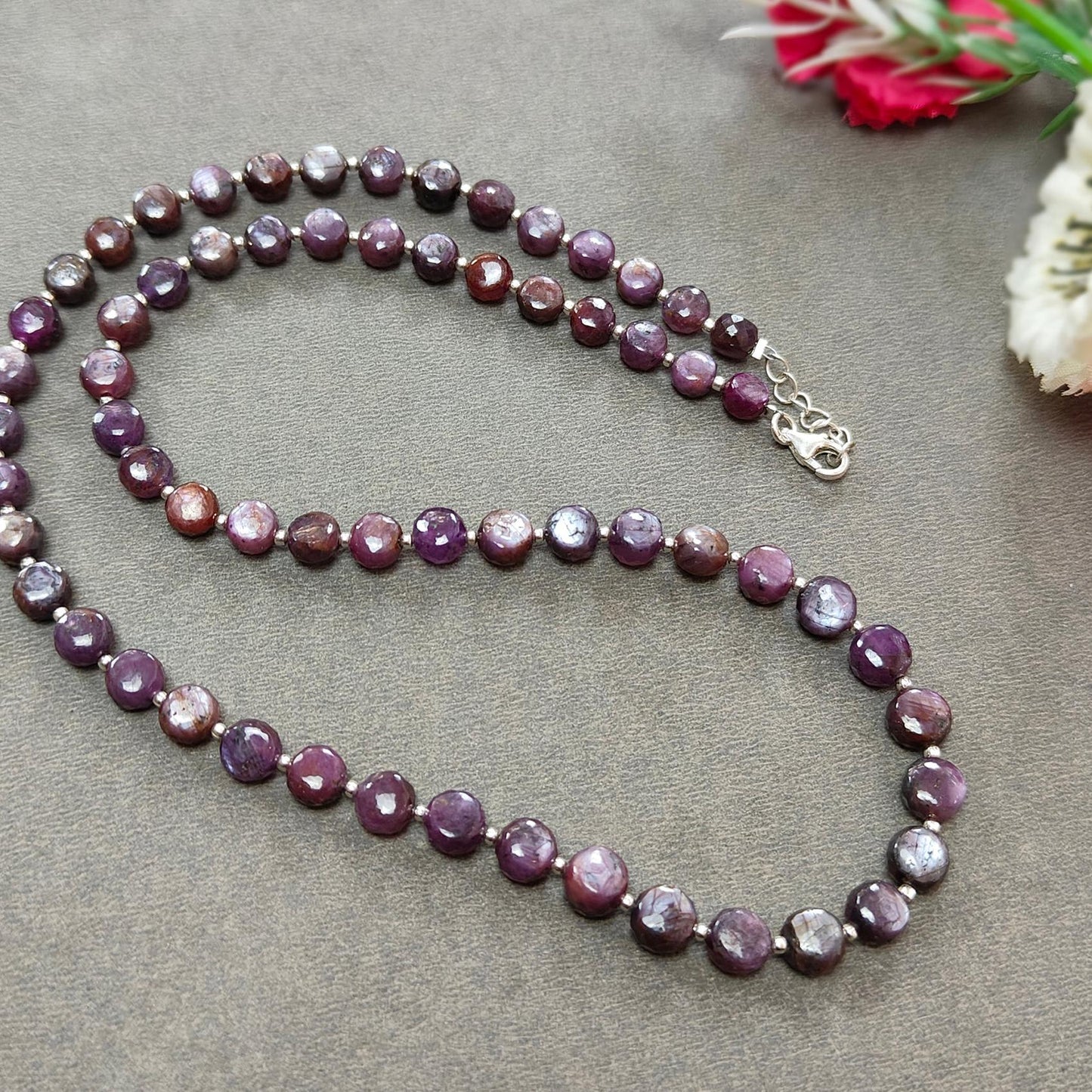 Raspberry Sheen Purple Pink Sapphire Gemstone Beads Necklace: 29.17gms (apx) Natural Sapphire Round Shape Side Faceted Necklace 6mm-7mm 20"