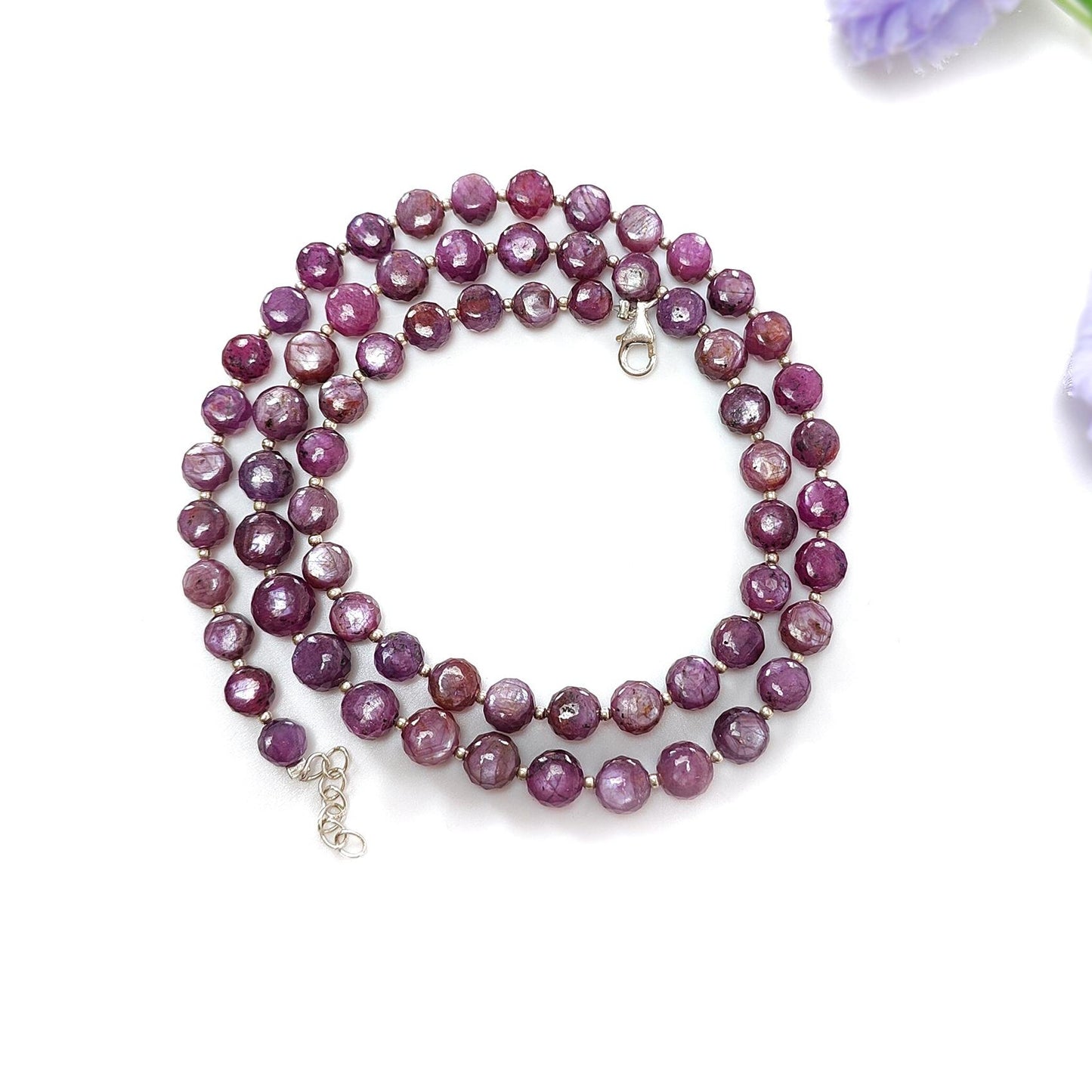 Raspberry Sheen Purple Pink Sapphire Gemstone Beads Necklace: 31.19gms Natural Sapphire Round Shape Side Faceted Necklace 6mm - 7mm 21"
