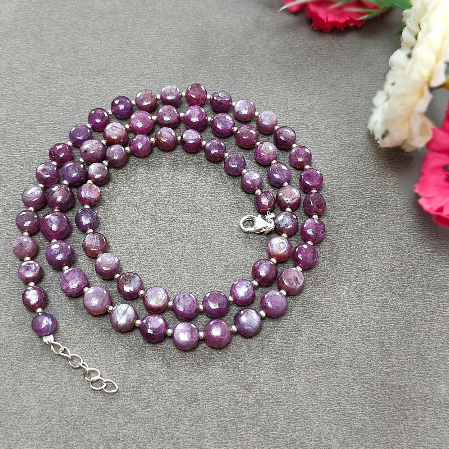 Raspberry Sheen Purple Pink Sapphire Gemstone Beads Necklace: 31.19gms Natural Sapphire Round Shape Side Faceted Necklace 6mm - 7mm 21"