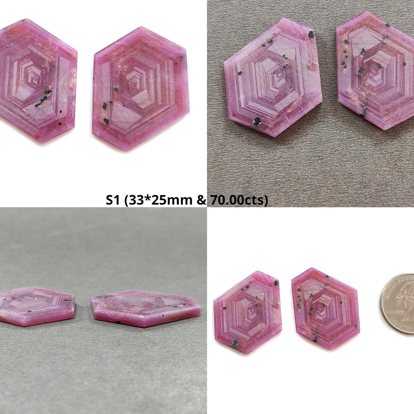 Rosemary Sheen SAPPHIRE Gemstone Flat Slices : Natural Untreated Unheated Pink Sapphire Hexagon Shape 2pcs Set