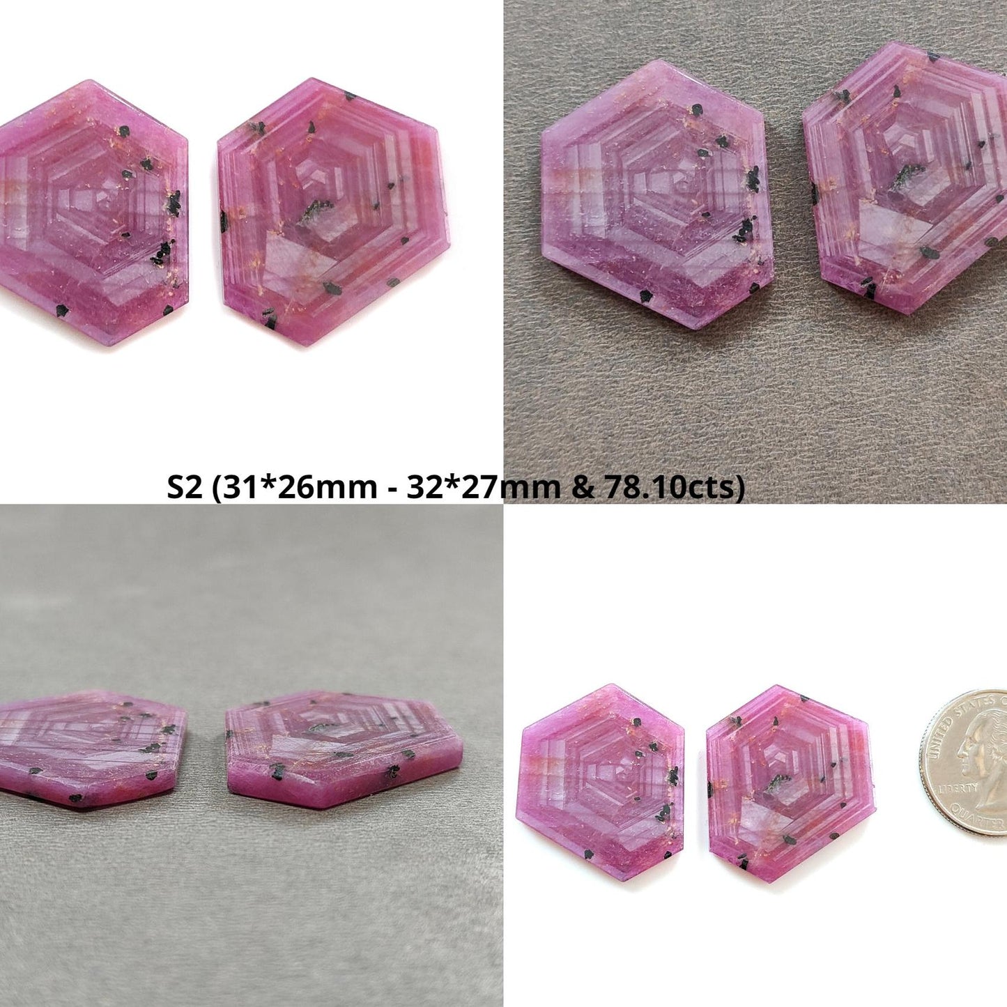 Rosemary Sheen SAPPHIRE Gemstone Flat Slices : Natural Untreated Unheated Pink Sapphire Hexagon Shape 2pcs Set