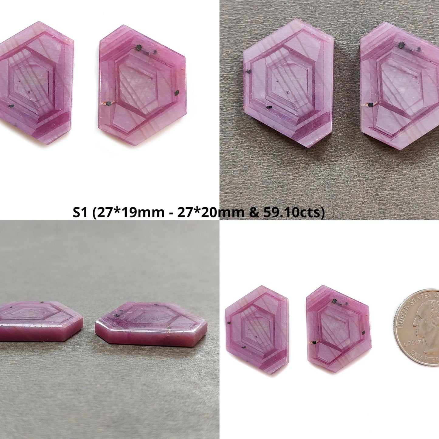 Rosemary Sheen SAPPHIRE Gemstone Flat Slices : Natural Untreated Unheated Pink Sapphire Hexagon Shape 2pcs 3pcs Set