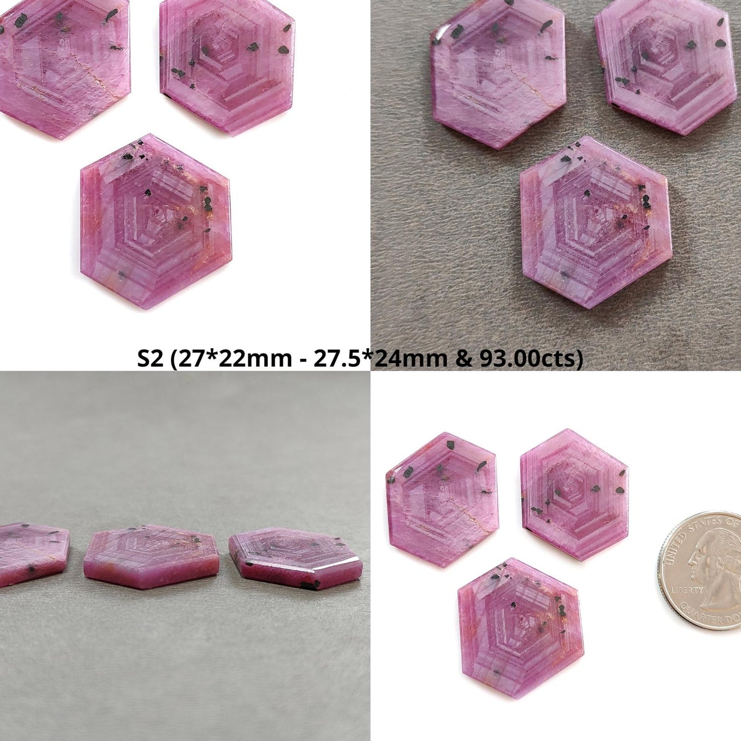 Rosemary Sheen SAPPHIRE Gemstone Flat Slices : Natural Untreated Unheated Pink Sapphire Hexagon Shape 2pcs 3pcs Set