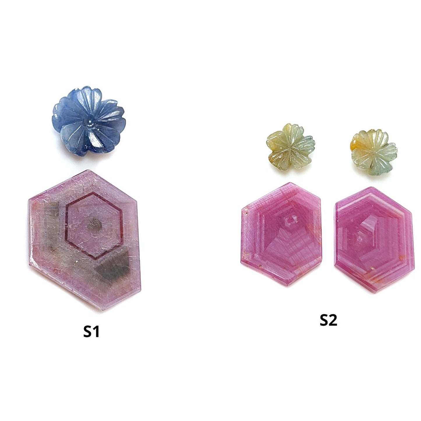 Rosemary Sheen SAPPHIRE Gemstone Flat Slices & Flower Carving : Natural Untreated Unheated Multi Sapphire Round , Hexagon Shapes Sets