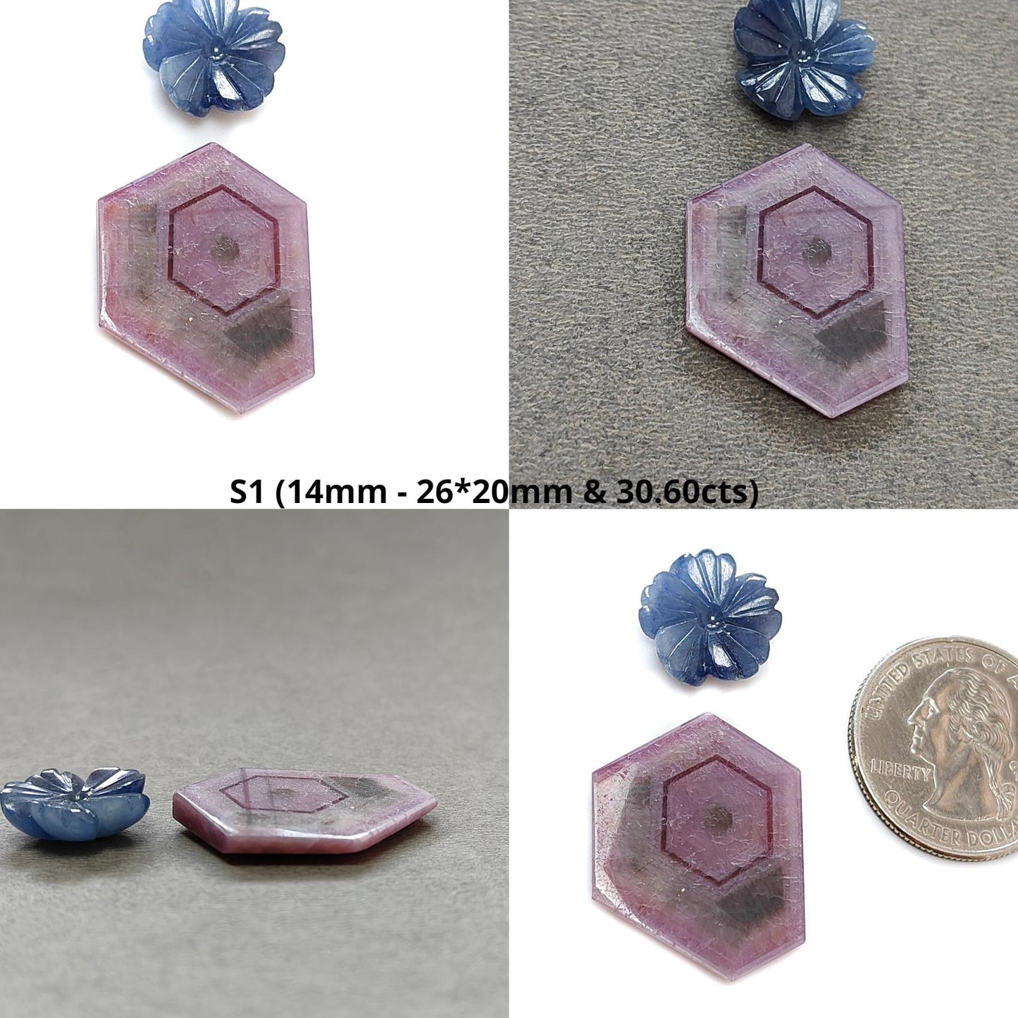 Rosemary Sheen SAPPHIRE Gemstone Flat Slices & Flower Carving : Natural Untreated Unheated Multi Sapphire Round , Hexagon Shapes Sets