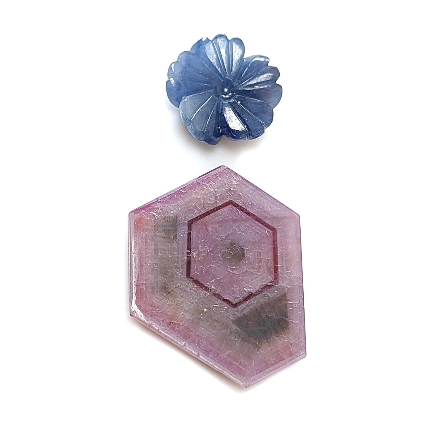 Rosemary Sheen SAPPHIRE Gemstone Flat Slices & Flower Carving : Natural Untreated Unheated Multi Sapphire Round , Hexagon Shapes Sets
