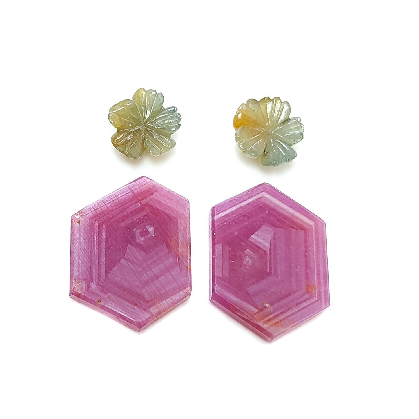 Rosemary Sheen SAPPHIRE Gemstone Flat Slices & Flower Carving : Natural Untreated Unheated Multi Sapphire Round , Hexagon Shapes Sets