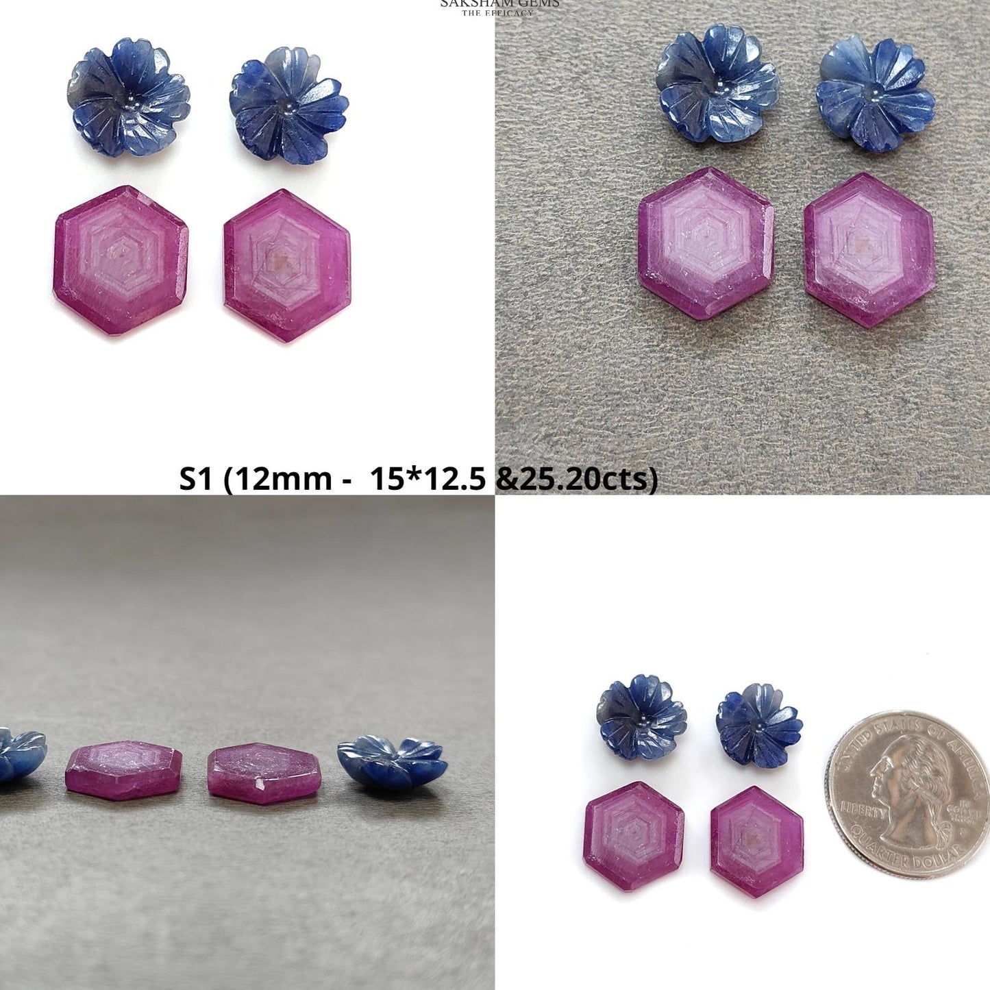 Rosemary Sheen SAPPHIRE Gemstone Flat Slices & Flower Carving : Natural Untreated Unheated Multi Sapphire Round , Hexagon Shapes Sets