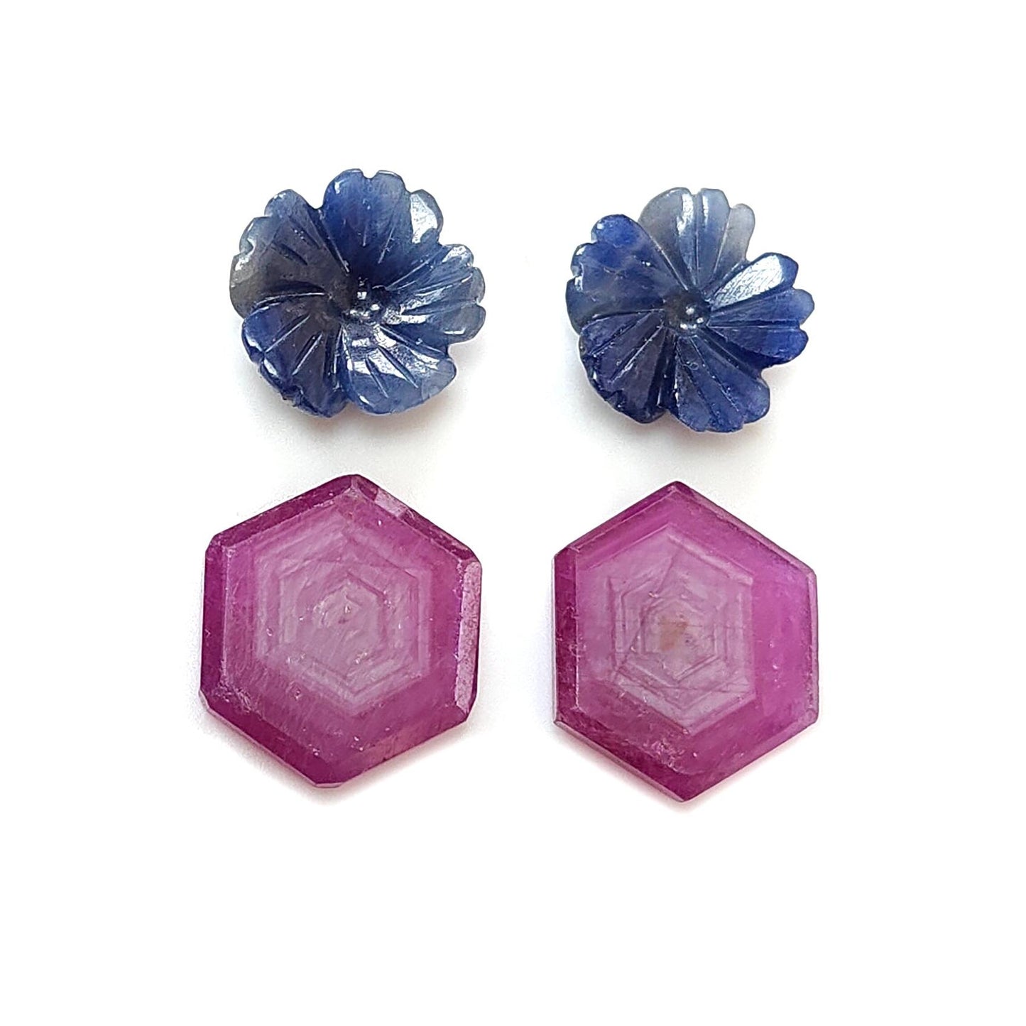 Rosemary Sheen SAPPHIRE Gemstone Flat Slices & Flower Carving : Natural Untreated Unheated Multi Sapphire Round , Hexagon Shapes Sets