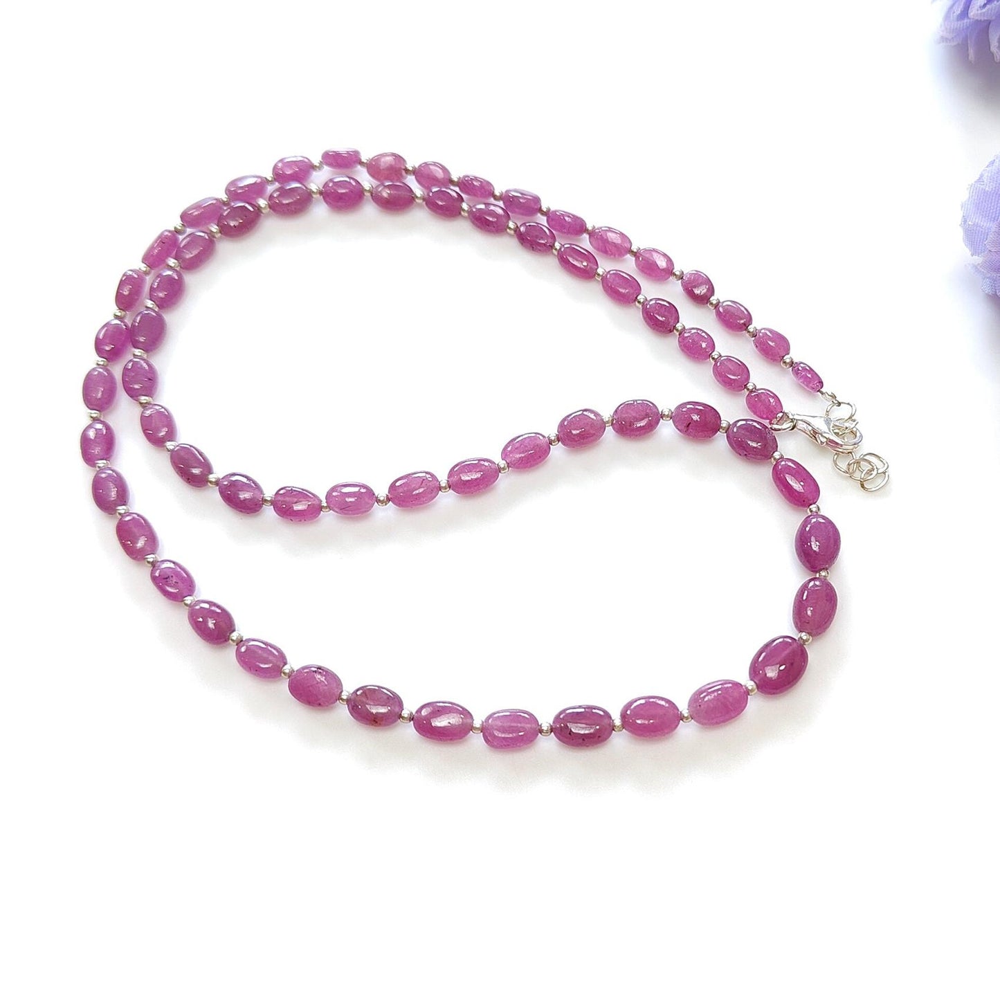 RUBY Gemstone Beads Necklace : 14.00gms (Apx) Natural Untreated 925 Sterling Sliver Plain Oval Shape Necklace 5mm - 7mm 19" (Apx)