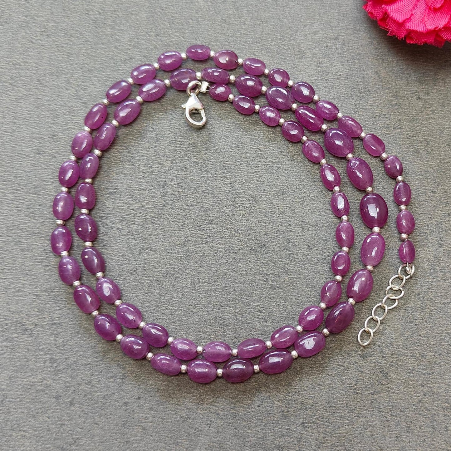 RUBY Gemstone Beads Necklace : 14.00gms (Apx) Natural Untreated 925 Sterling Sliver Plain Oval Shape Necklace 5mm - 7mm 19" (Apx)