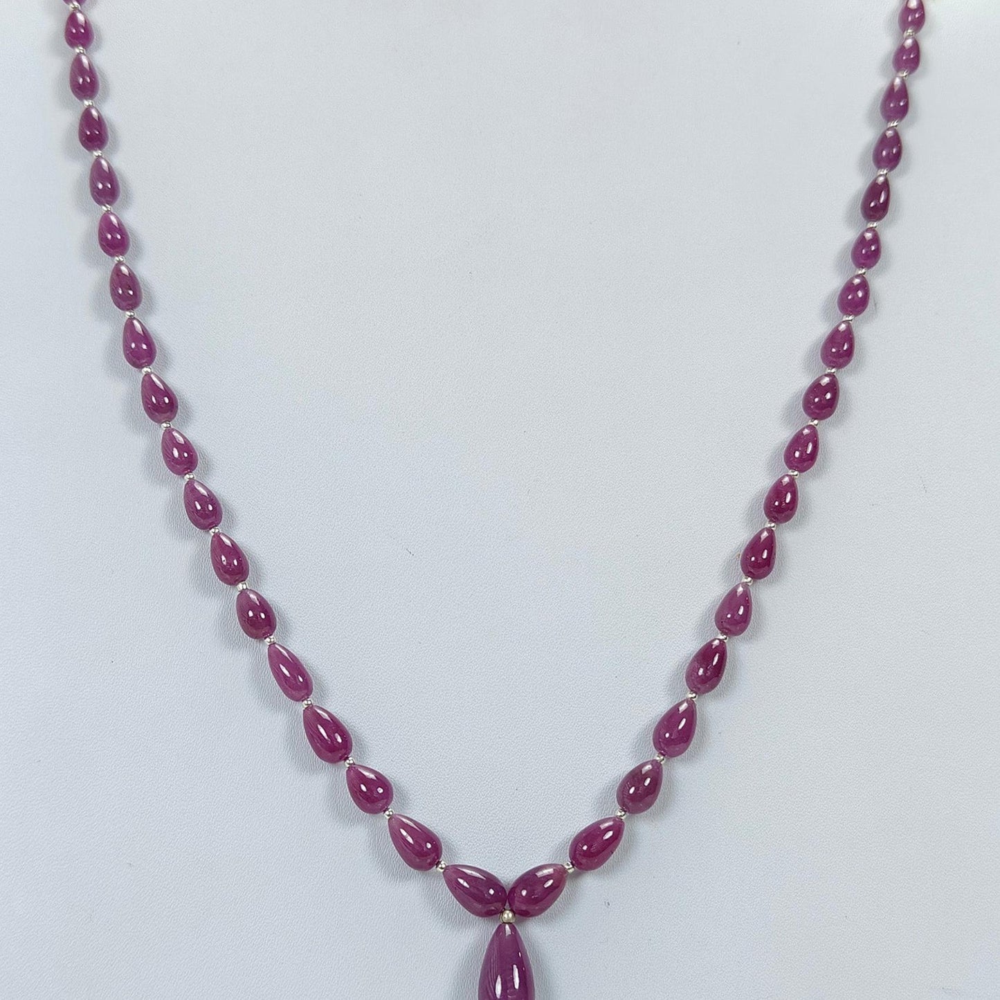 Ruby Gemstone Beads Necklace : 23.20gms (Apx) 925 Sterling Silver Purple Ruby Gemstone Plain Teardrops Necklace 6mm - 14mm 20" (Apx)