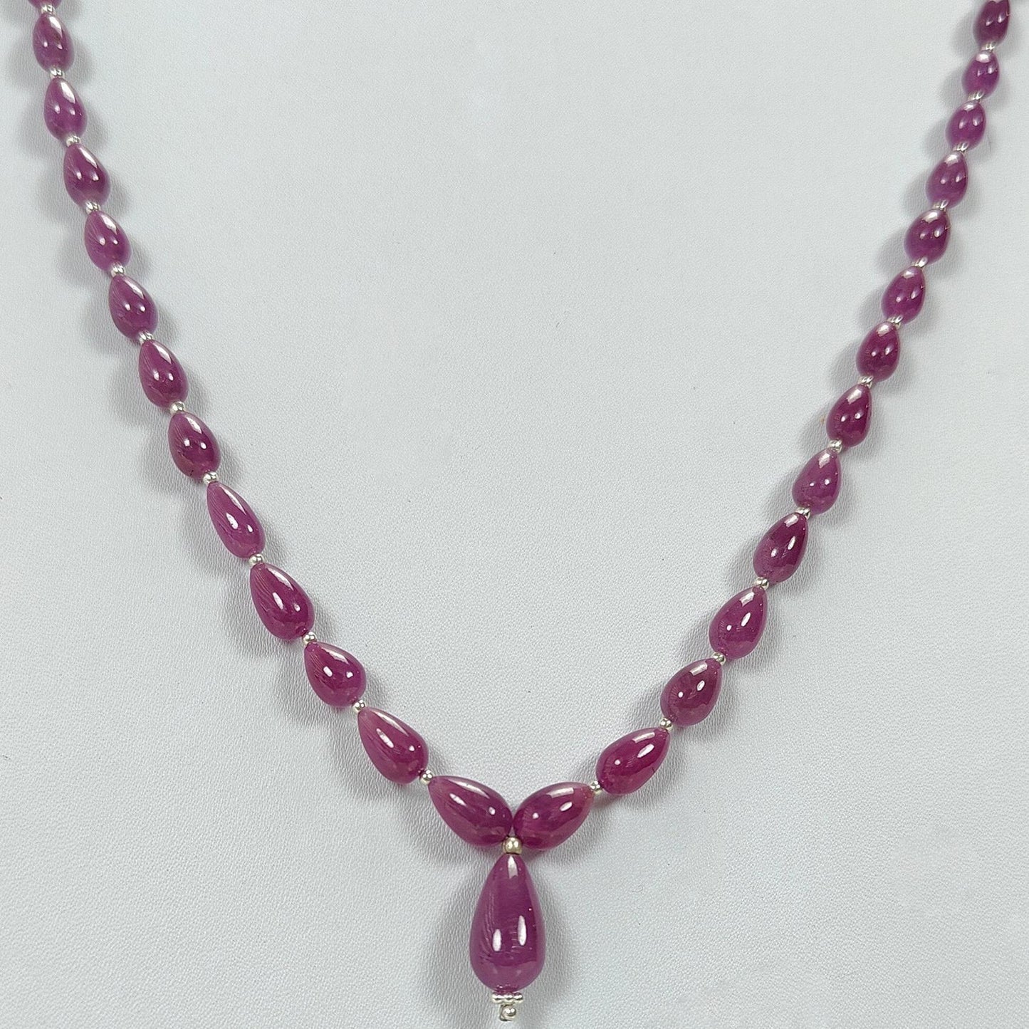 Ruby Gemstone Beads Necklace : 23.20gms (Apx) 925 Sterling Silver Purple Ruby Gemstone Plain Teardrops Necklace 6mm - 14mm 20" (Apx)