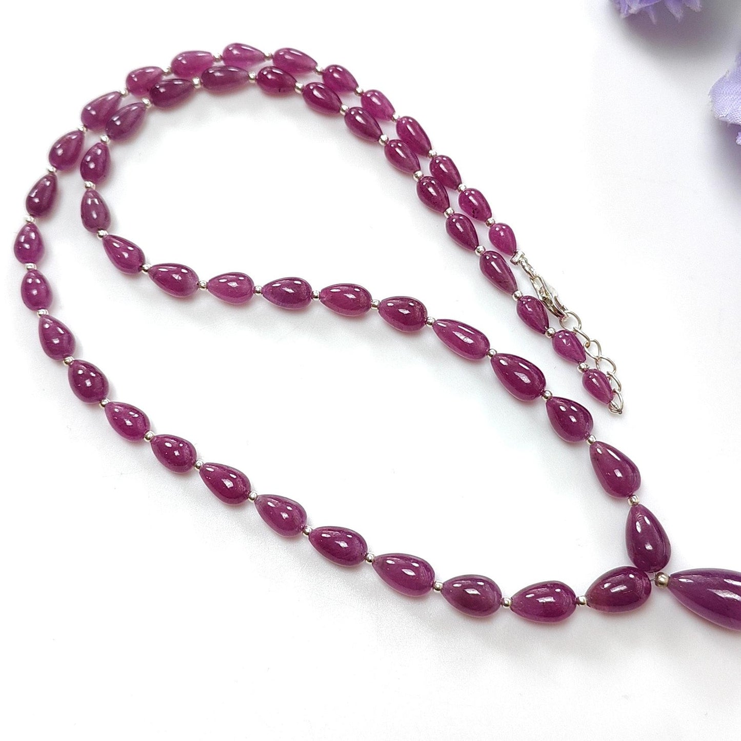 Ruby Gemstone Beads Necklace : 23.20gms (Apx) 925 Sterling Silver Purple Ruby Gemstone Plain Teardrops Necklace 6mm - 14mm 20" (Apx)