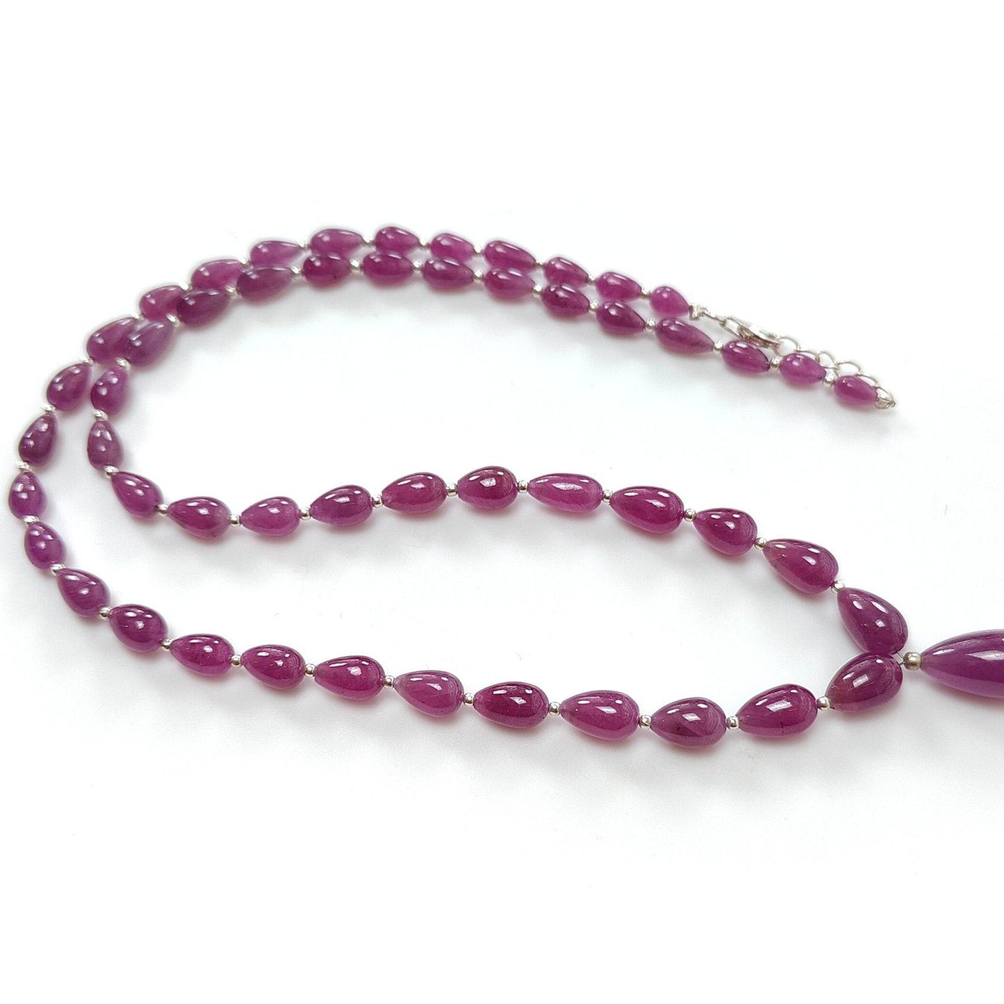Ruby Gemstone Beads Necklace : 23.20gms (Apx) 925 Sterling Silver Purple Ruby Gemstone Plain Teardrops Necklace 6mm - 14mm 20" (Apx)