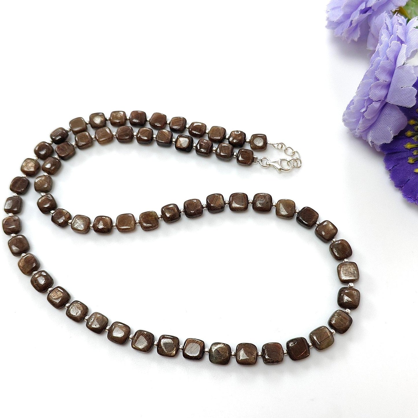 Golden Brown Chocolate Sapphire Gemstone Beads Necklace : 27.30gms Natural Plain Cushion Briolette Sapphire 925 Sterling Silver 6mm-7mm 20"