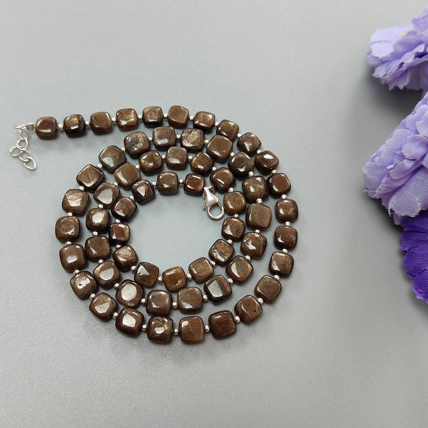 Golden Brown Chocolate Sapphire Gemstone Beads Necklace : 27.30gms Natural Plain Cushion Briolette Sapphire 925 Sterling Silver 6mm-7mm 20"