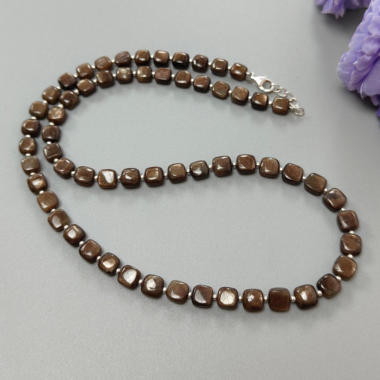 Golden Brown Chocolate Sapphire Gemstone Beads Necklace : 27.30gms Natural Plain Cushion Briolette Sapphire 925 Sterling Silver 6mm-7mm 20"