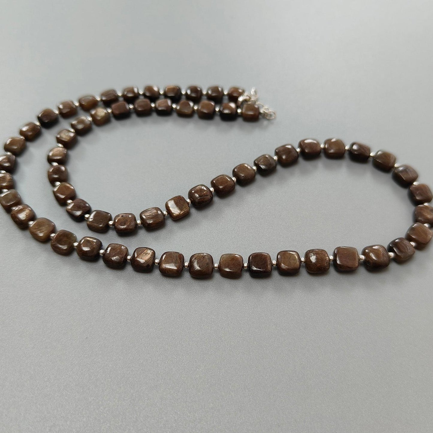 Golden Brown Chocolate Sapphire Gemstone Beads Necklace : 27.30gms Natural Plain Cushion Briolette Sapphire 925 Sterling Silver 6mm-7mm 20"