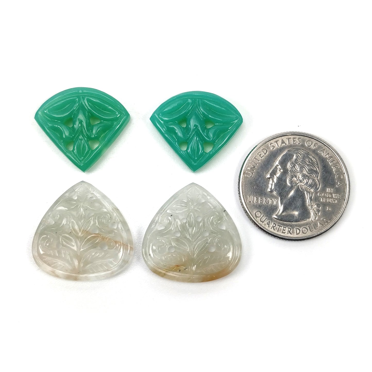 Chrysoprase & Jade Gemstone Carving : 47.65cts Natural Untreated Green White Hand Carved Triangle Heart Shape 18*20.5mm - 19*21mm 4pcs Set
