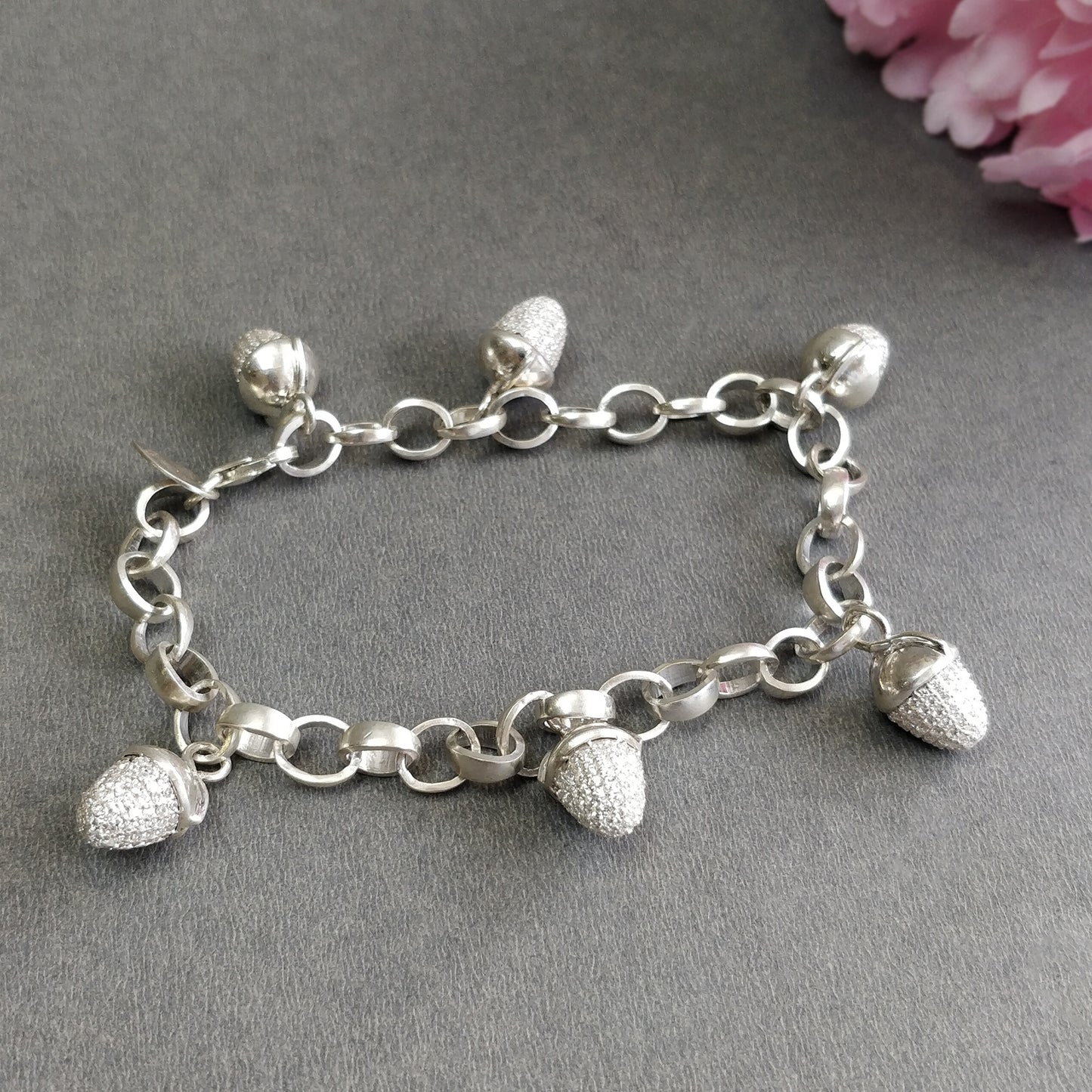 925 Sterling Silver With Cubic Zirconia Bracelet : 28.84gms Fashion Jewellry Mini CZ Bullet Chain Bracelet 8.75"