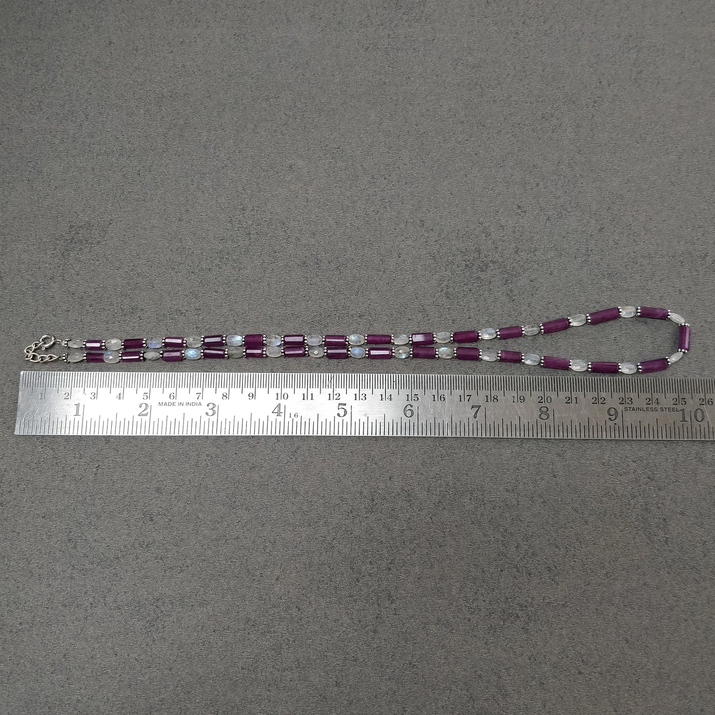Raspberry Sapphire & Rainbow Moonstone Gemstone Fancy Cut NECKLACE: 95.35gms Natural Untreated Pencil 925 Sterling Silver 6mm - 10mm 19.25"