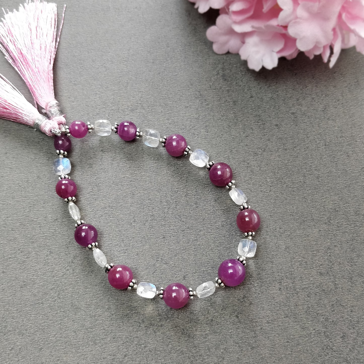 Ruby & Rainbow Moonstone Gemstone Checker Cut Plain Loose Beads: 65.00cts Natural Untreated Round Cushion Beads 6mm - 9mm 7.50" For Bracelet