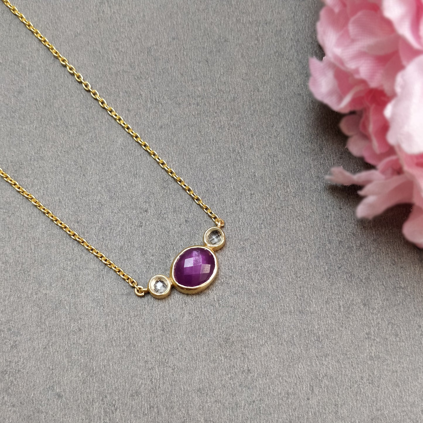 Ruby Gemstone & 925 Sterling Silver Necklace : Natural Untreated Ruby Checker Cut Silver And Gold Plated Chain Necklace Gift For Her