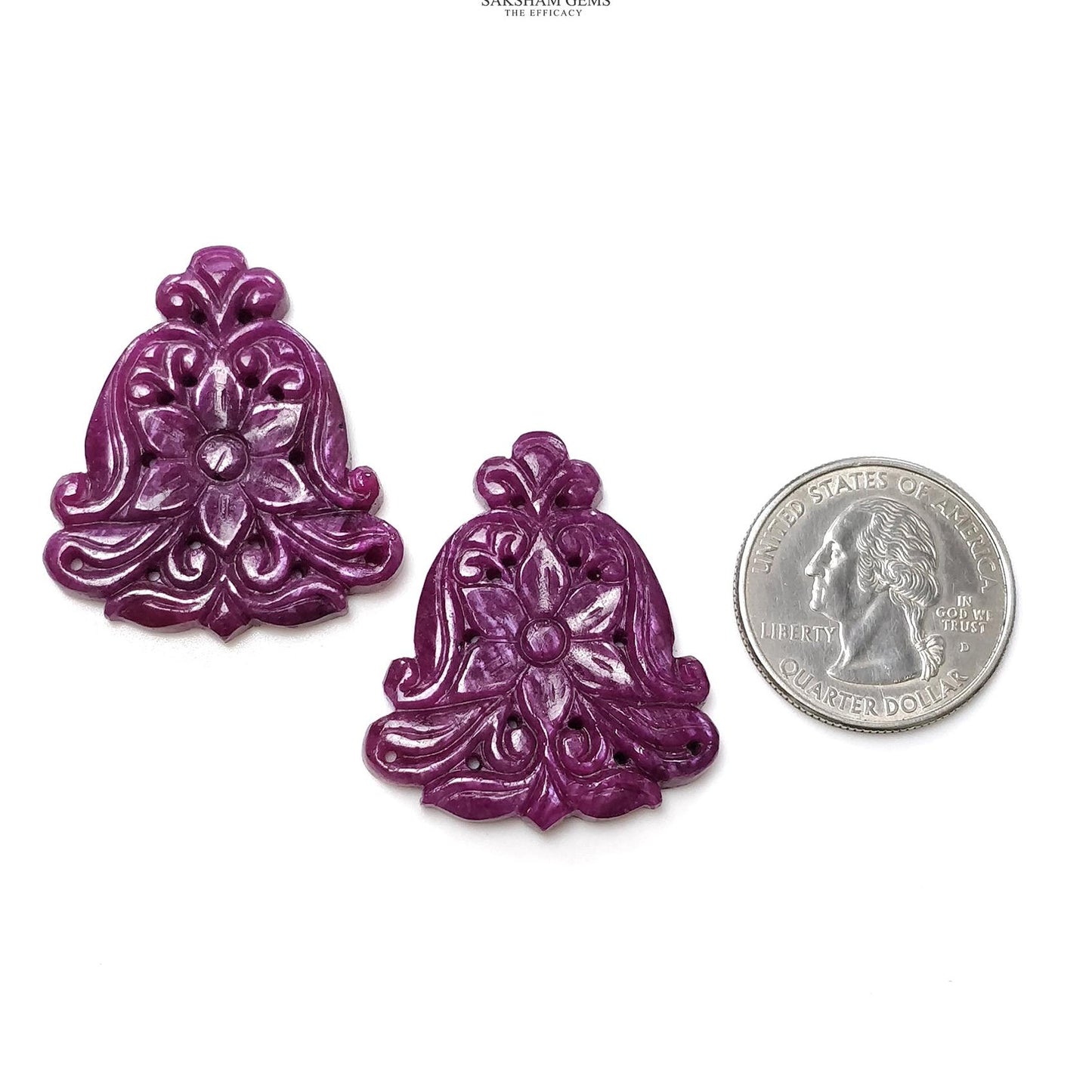Red RUBY Gemstone Carving : 80.50cts Natural Untreated Unheated Ruby Floral Hand Carved Triangle Shape 35*30 Pair