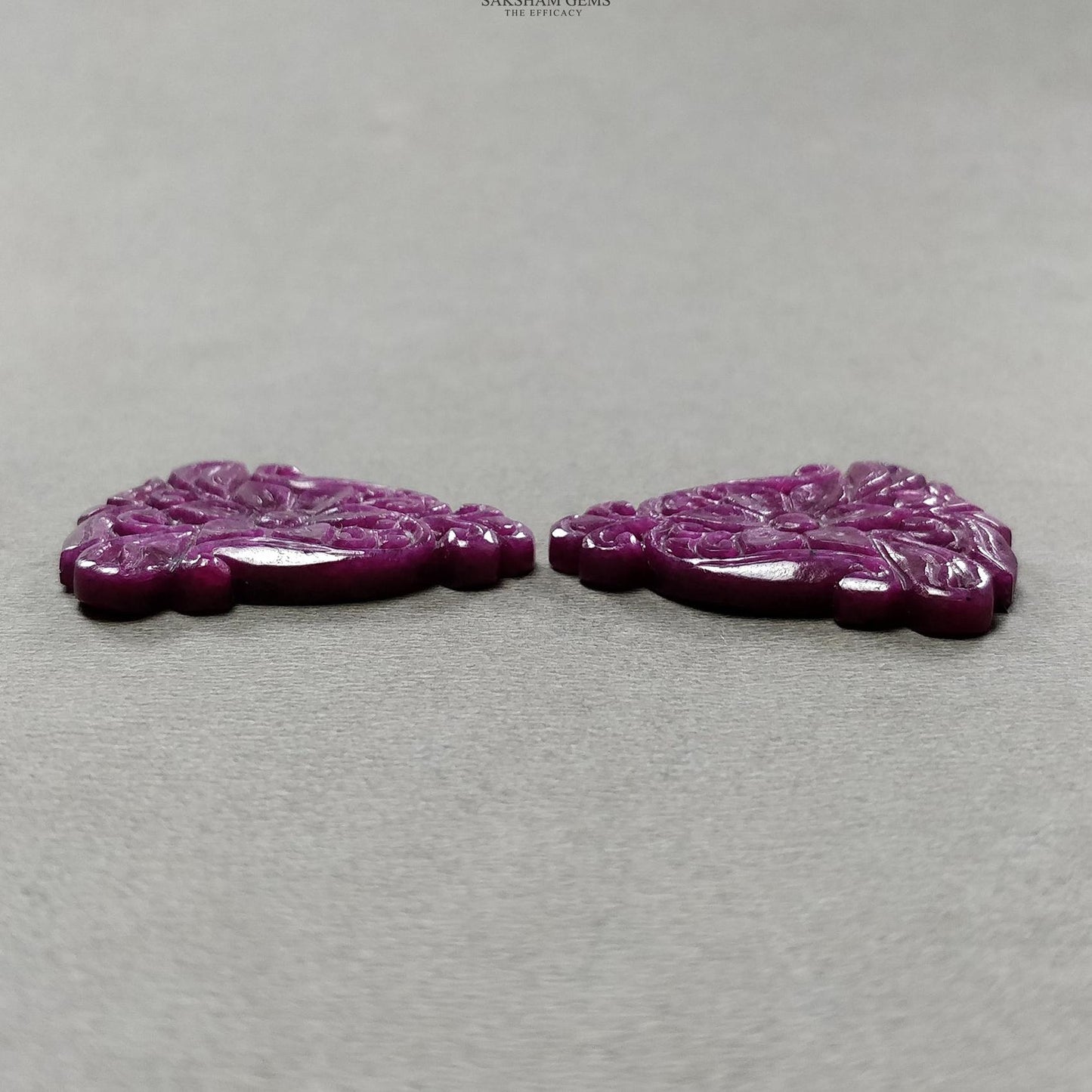 Red RUBY Gemstone Carving : 80.50cts Natural Untreated Unheated Ruby Floral Hand Carved Triangle Shape 35*30 Pair