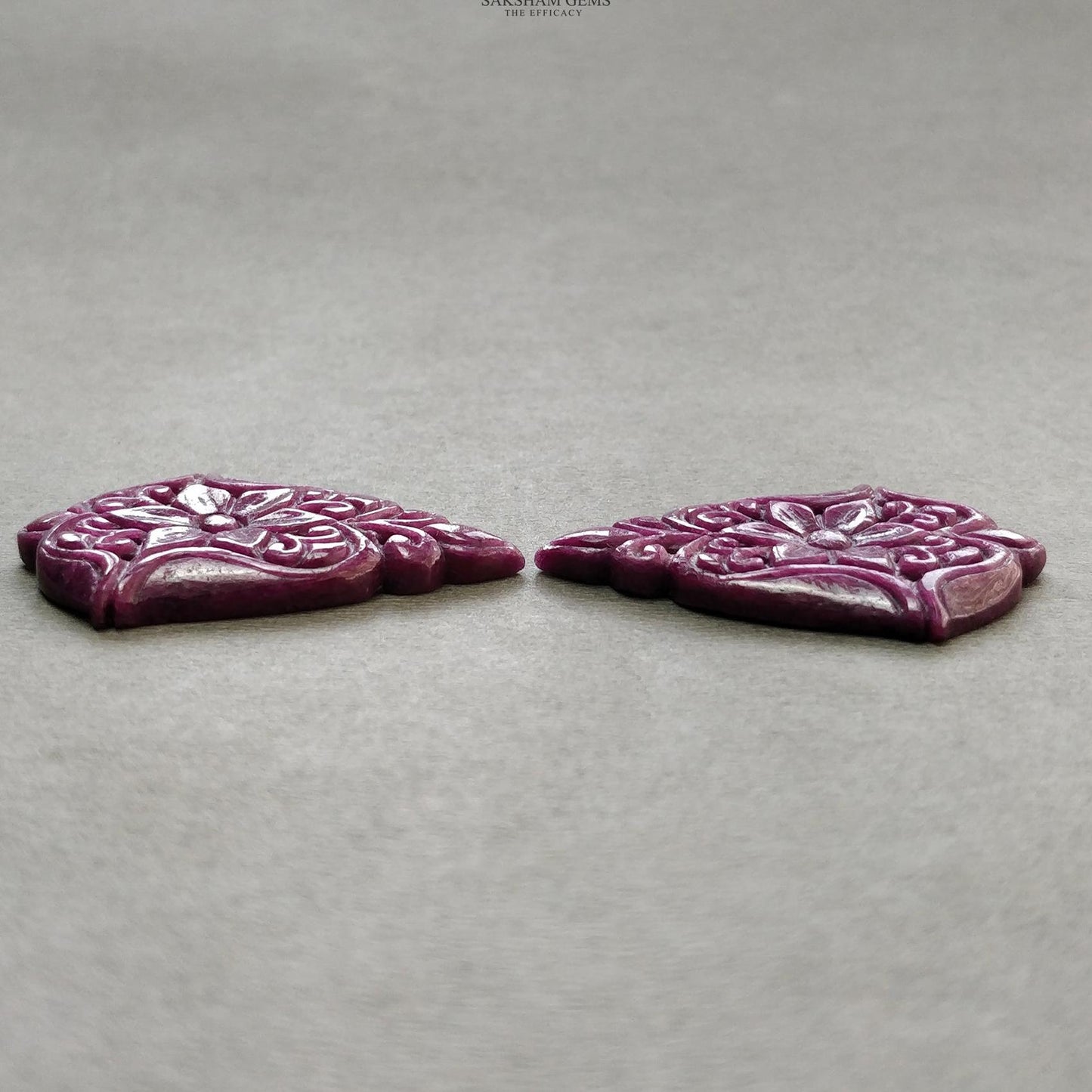 RUBY Gemstone Carving : 84.40cts Natural Untreated Unheated Red Ruby Floral Hand Carved Uneven Shape 41*30mm Pair