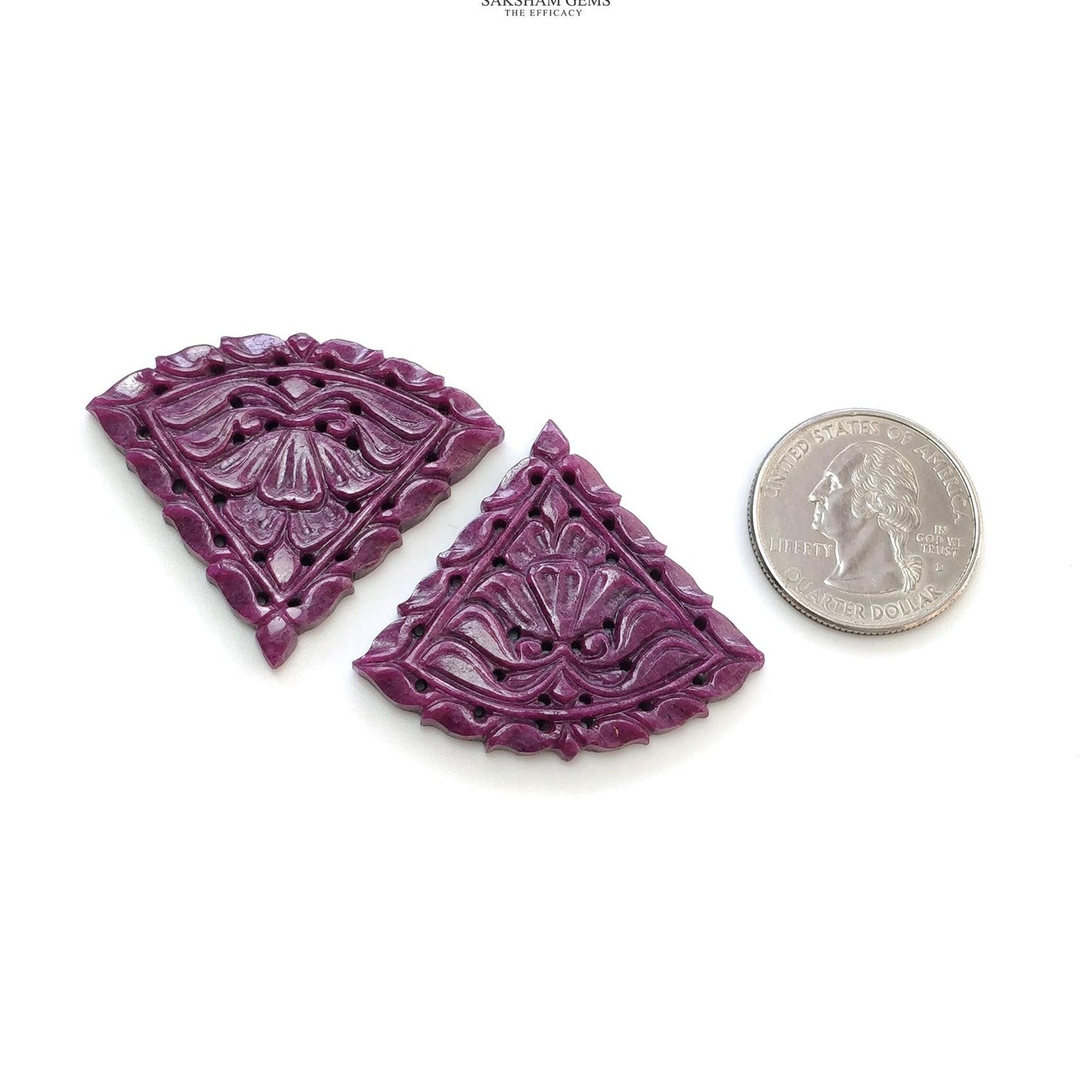 Red RUBY Gemstone Carving : 84.90cts Natural Untreated Unheated Ruby Floral Hand Carved Triangle Shape 35*41 Pair