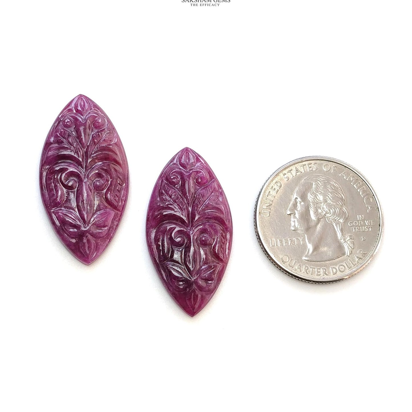 Ruby Gemstone Carving : 44.70cts Natural Untreated Red Ruby Hand Carved Marquise Shape 32*16mm Pair