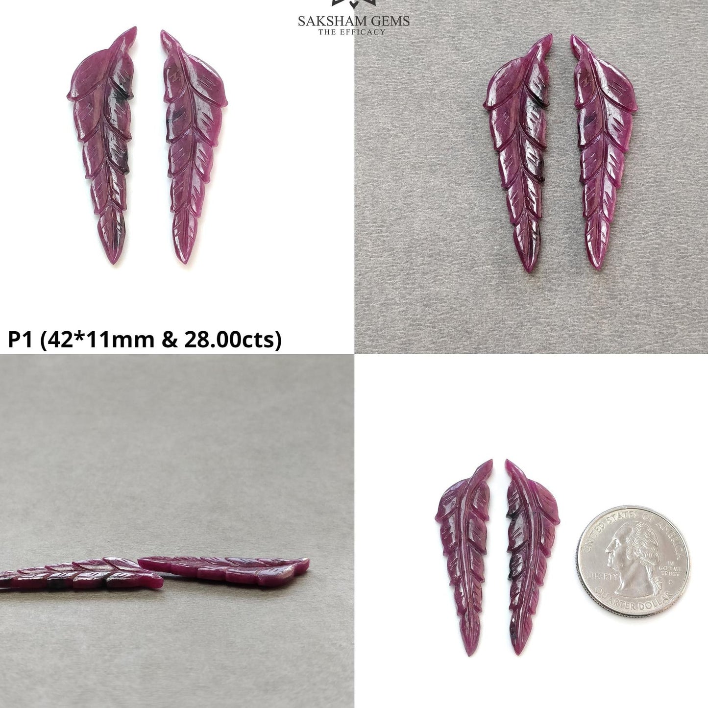 RUBY Gemstone Carving : Natural Untreated Unheated Red Ruby Hand Carved Leaf Pair