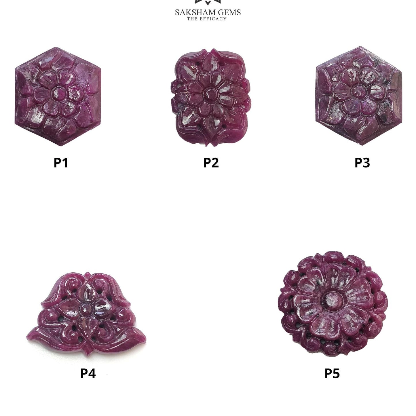 RUBY Gemstone Carving : Natural Untreated Unheated Red Ruby Floral Hand Carved Hexagon Cushion & Uneven Shape