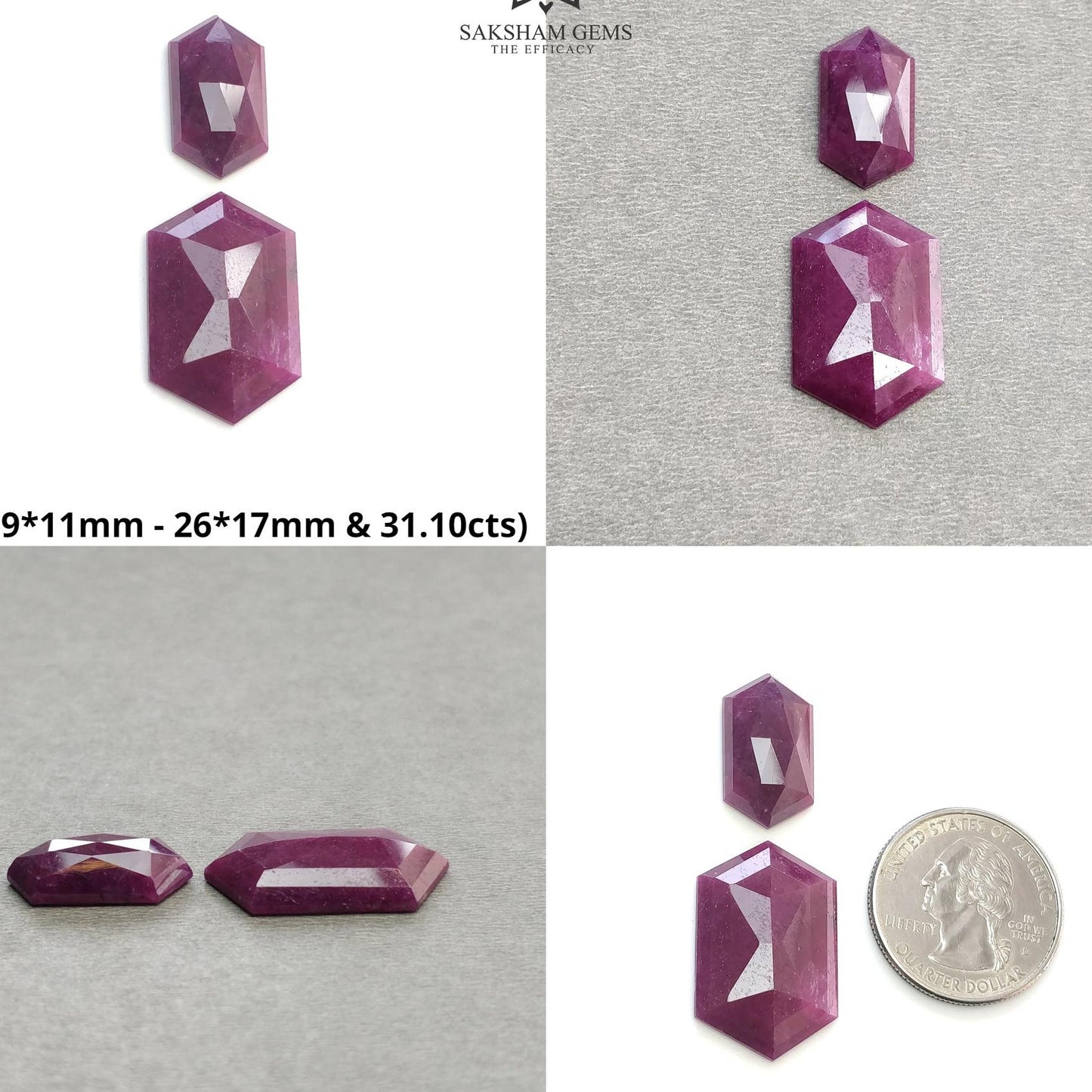 Ruby Gemstone Rose Step & Hammer Cut : Natural Untreated Unheated Red Ruby Hexagon Oval And Cushion Shape 2pcs Set