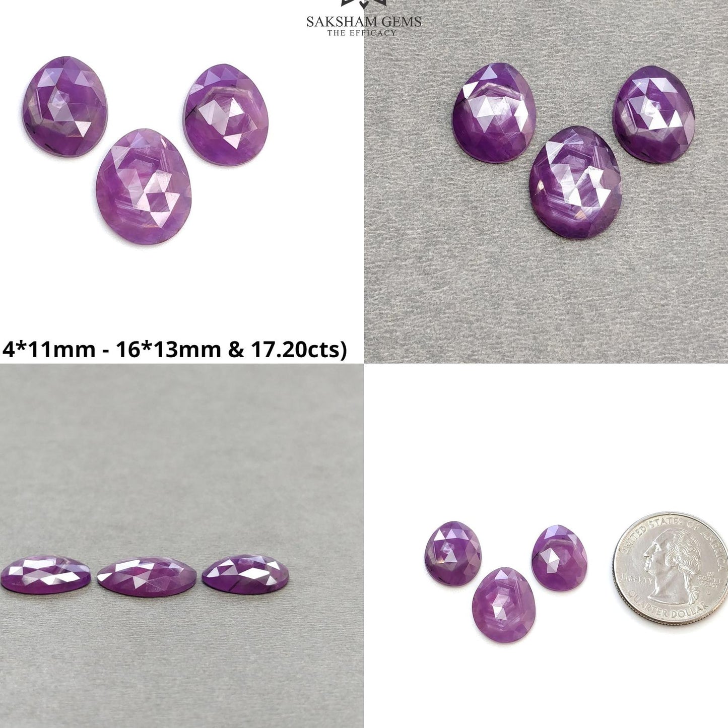 RUBY Gemstone Rose Cut : Natural Untreated Unheated Raspberry Purple Pink Ruby Egg Shape 3pcs Set