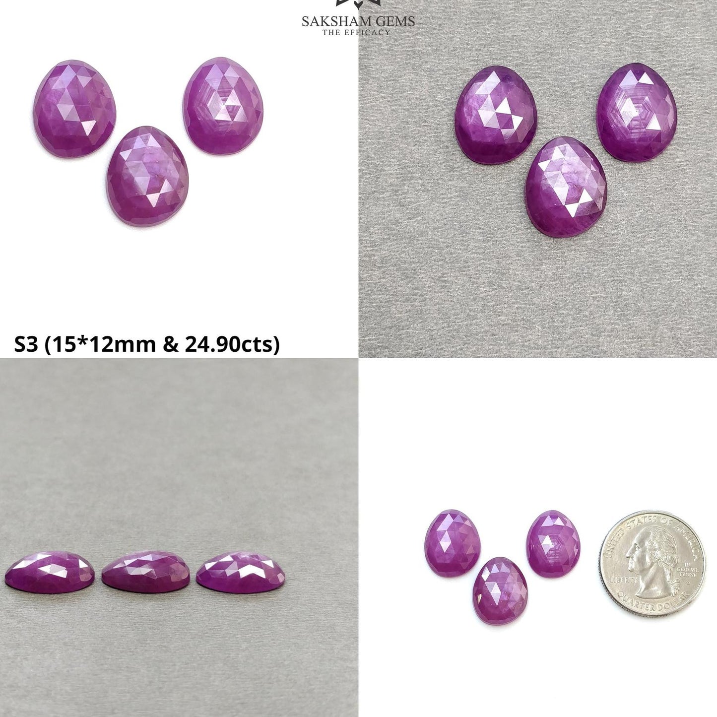 RUBY Gemstone Rose Cut : Natural Untreated Unheated Raspberry Purple Pink Ruby Egg Shape 3pcs Set