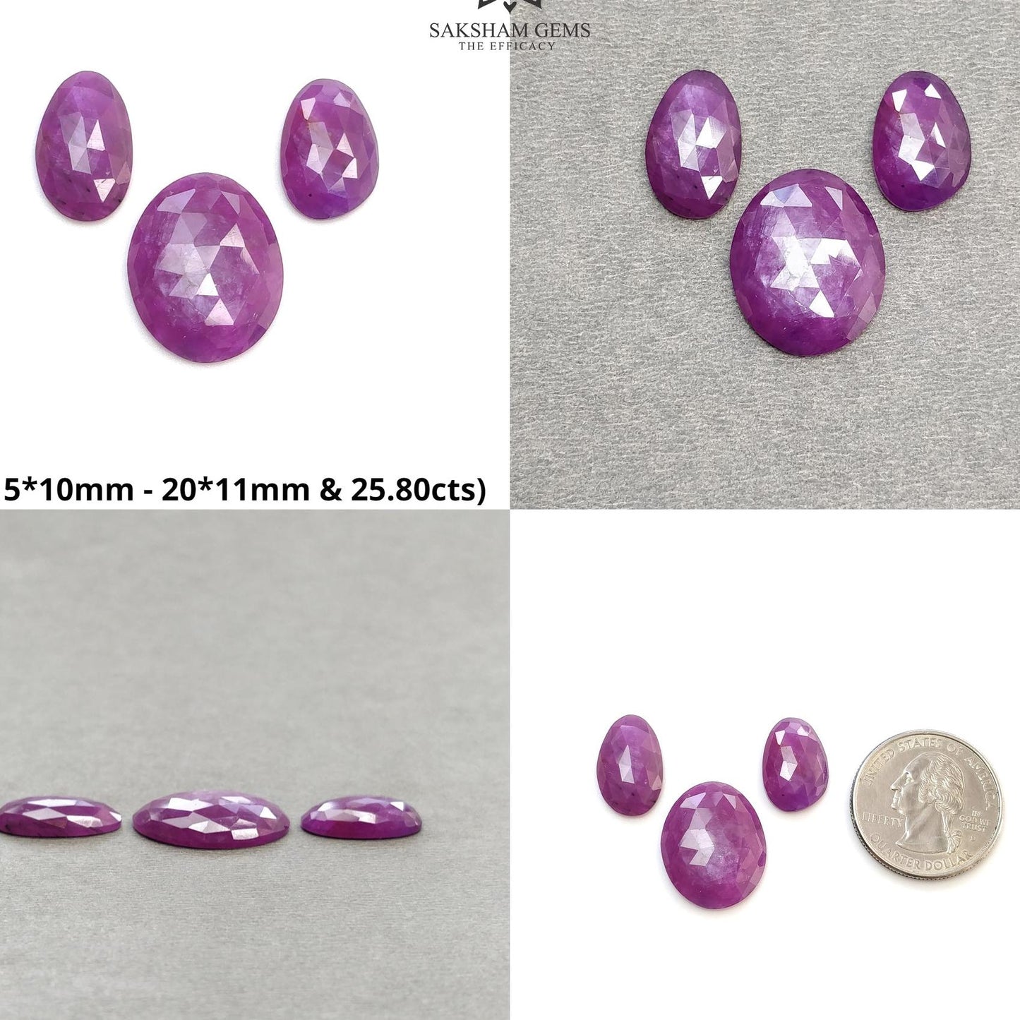 RUBY Gemstone Rose Cut : Natural Untreated Unheated Raspberry Purple Pink Ruby Egg Shape 3pcs Set