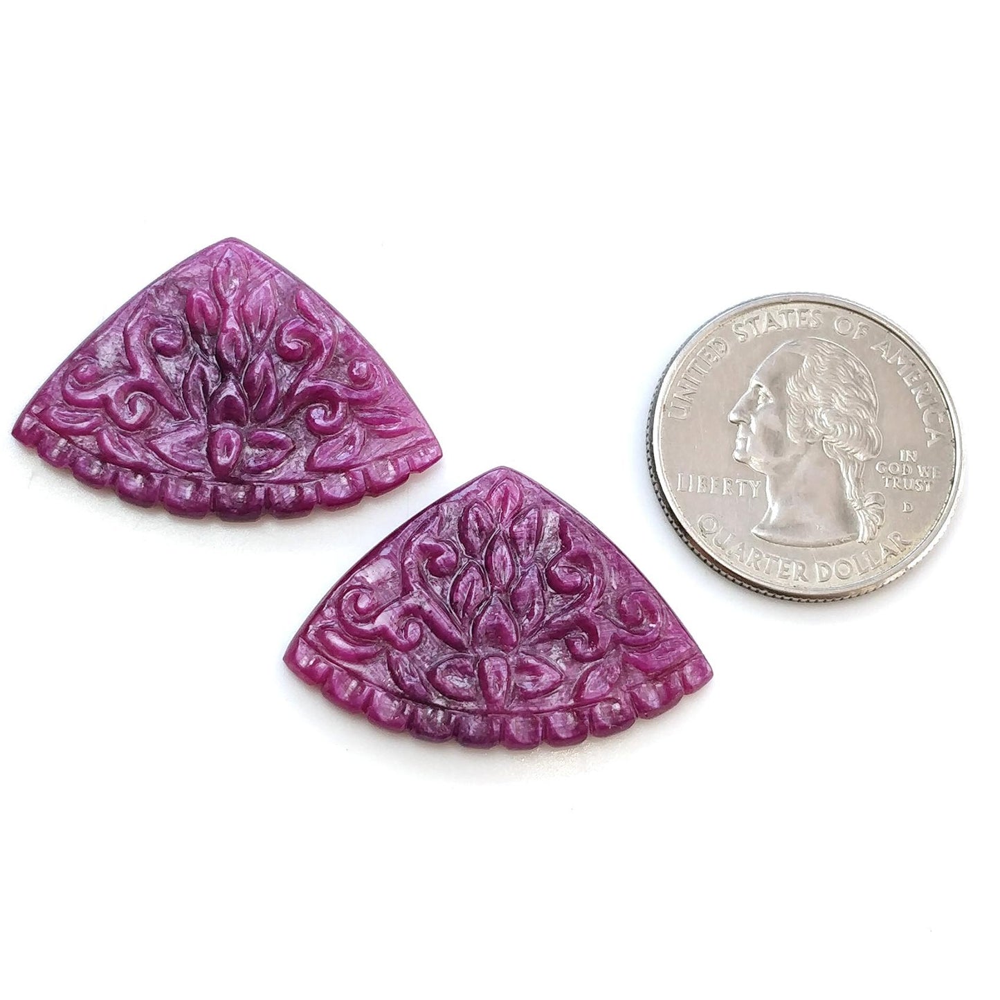 RUBY Gemstone Carving : 44.20cts Natural Untreated Unheated Red Ruby Hand Carved Triangle Shape 21*31mm Pair
