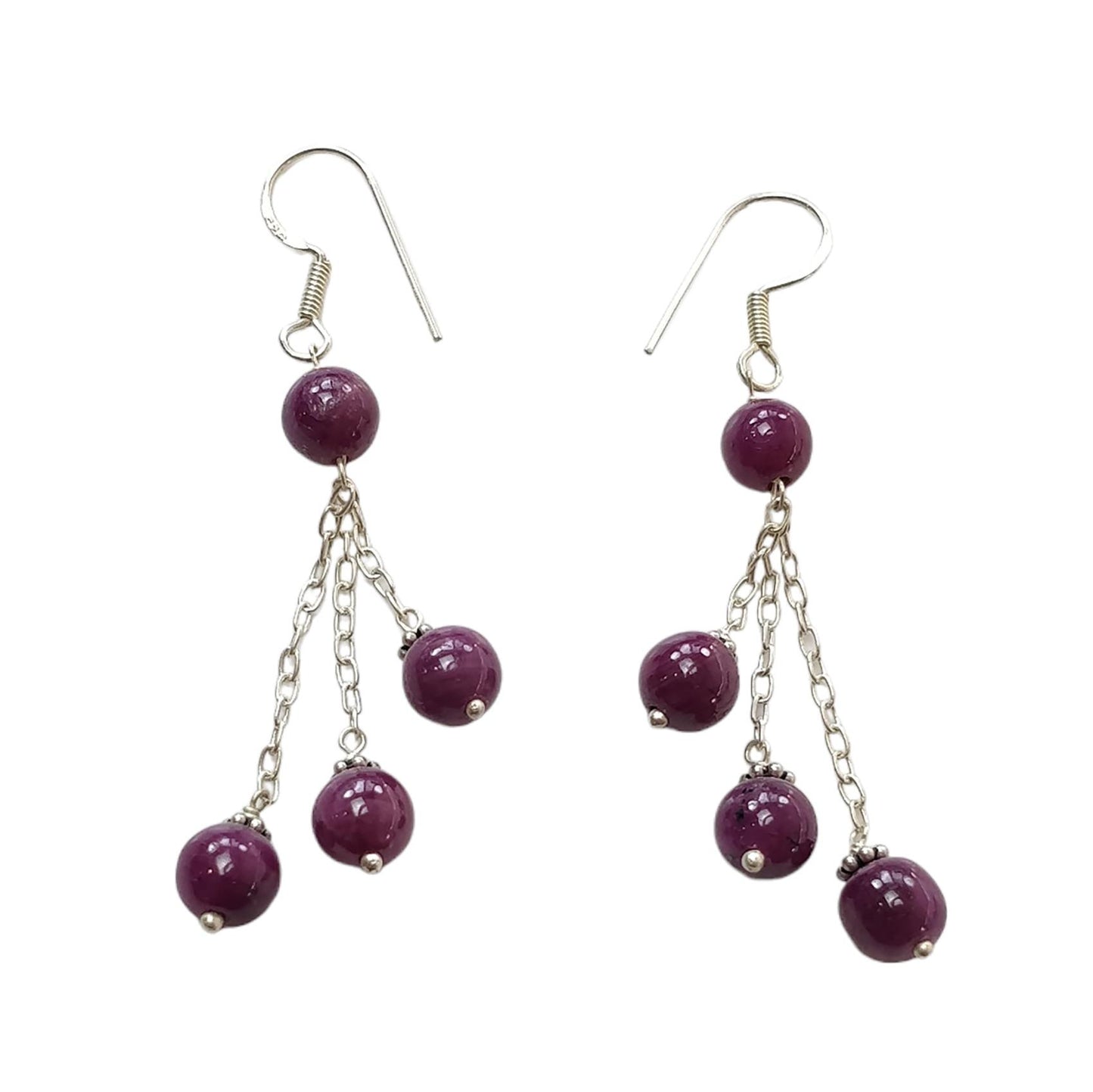 Ruby Gemstone 925 Sterling Silver Beaded Earrings : 8.27gms Natural Untreated Long Drop Dangle Ear Wire Hook Earrings 2.5"