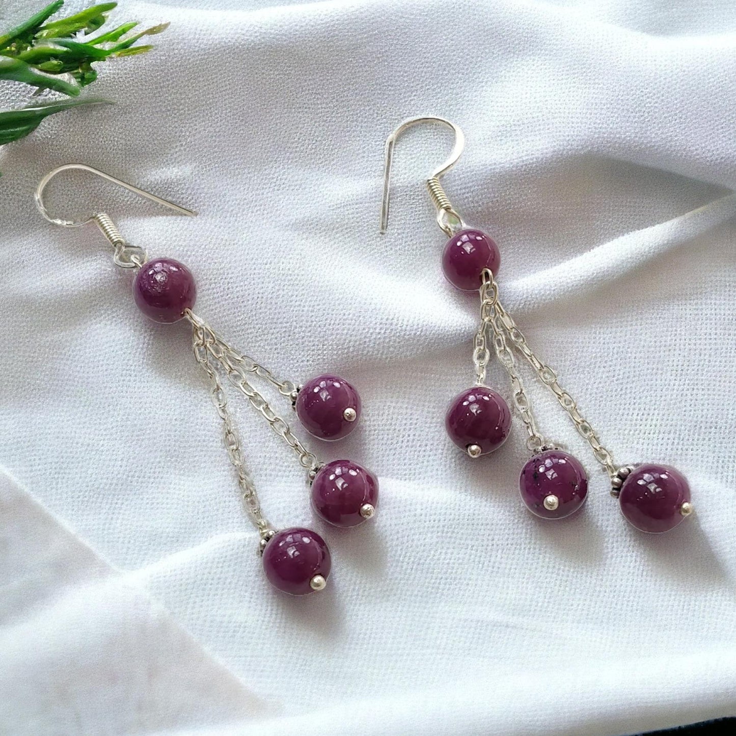 Ruby Gemstone 925 Sterling Silver Beaded Earrings : 8.27gms Natural Untreated Long Drop Dangle Ear Wire Hook Earrings 2.5"