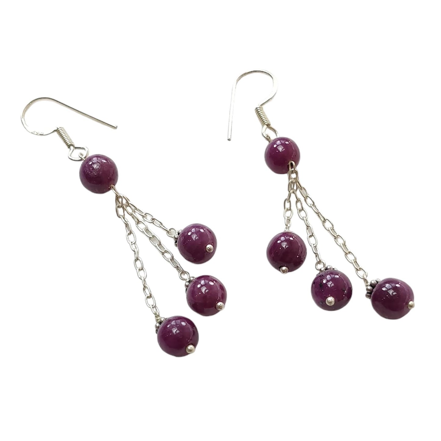 Ruby Gemstone 925 Sterling Silver Beaded Earrings : 8.27gms Natural Untreated Long Drop Dangle Ear Wire Hook Earrings 2.5"