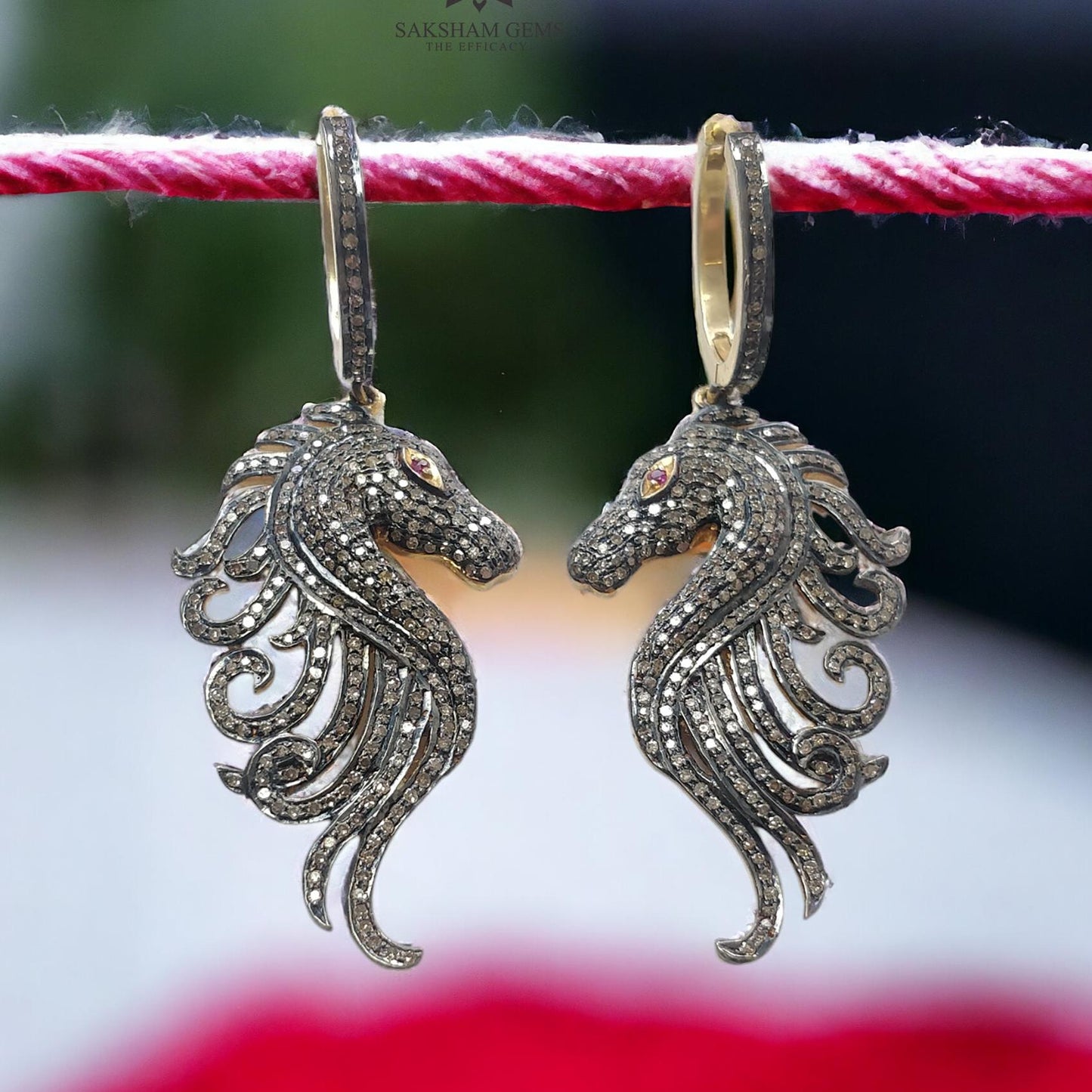 DIAMOND & RUBY Gemstone Earring : 14.00gms Natural Drop Dangle 925 Sterling Silver And Gold Hoop Wire Lock Pave Set Horse Face Earring 2.5"