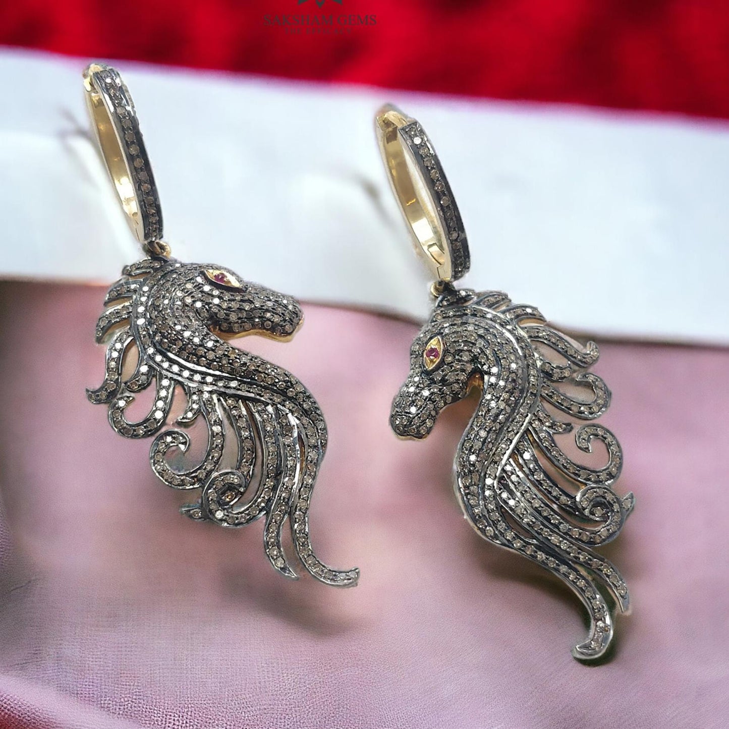 DIAMOND & RUBY Gemstone Earring : 14.00gms Natural Drop Dangle 925 Sterling Silver And Gold Hoop Wire Lock Pave Set Horse Face Earring 2.5"