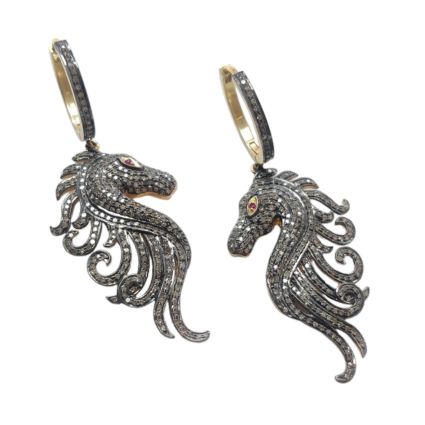 DIAMOND & RUBY Gemstone Earring : 14.00gms Natural Drop Dangle 925 Sterling Silver And Gold Hoop Wire Lock Pave Set Horse Face Earring 2.5"